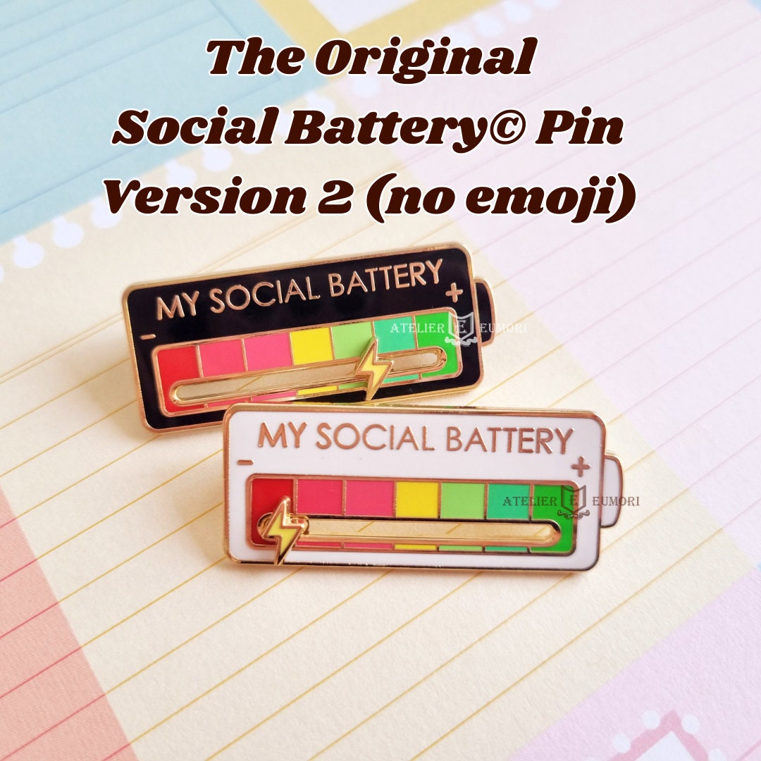 Ver. 2 (No emoji) of The Original Social Battery Sliding Enamel Pin, Interactive Enamel Pins, Mental Health, Gift for Introverts