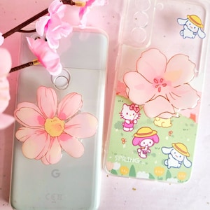 Kawaii Pink Blume Griff, Floral Kindle Griff, Magsafe, Kirschblüte selbstklebende Griptok, Rosa Gänseblümchen, Kawaiicore, süßes Phone Accessoire