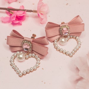 Pink Bow with a Pearl Heart Dangle Earrings, Feminine, Elegant Earrings for Valentine's gift for Girlfriend, Cute Kawaii Birthday Gift