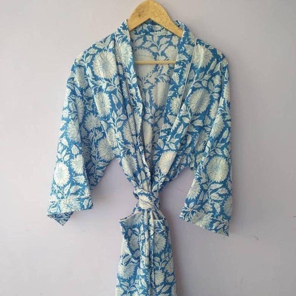 Hand Block Printed Kimono, Cotton Bathrobe, Dressing Gown, Indian Wood Block Prints, Cotton Kimono Robe, Feathers Print, Free Size Shot Robe