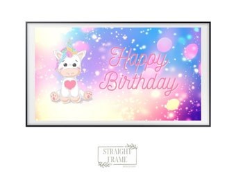 Baby Unicorn Birthday Image for Samsung Frame, Unicorn Happy Birthday, Girl Birthday party images