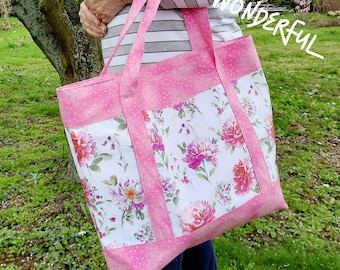 Handgefertigte, nachhaltige Tote Bag mit großem Blütenmotiv - Rosa Stofftasche, Große Einkaufstasche