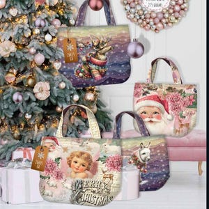 May include: Four tote bags featuring festive holiday illustrations including a reindeer in a sweater, a Santa Claus face, a cherub with the text Merry Christmas, and a donkey. Each bag has two handles and a brown paper tag with a snowflake icon.