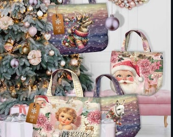 May include: Four tote bags featuring festive holiday illustrations including a reindeer in a sweater, a Santa Claus face, a cherub with the text Merry Christmas, and a donkey. Each bag has two handles and a brown paper tag with a snowflake icon.