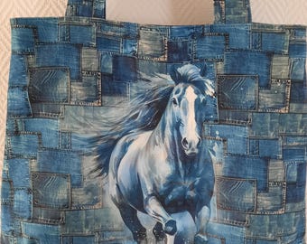 Beach bag, shopper &quot;Denim and Horses&quot; made of 100% cotton canvas, tote bag