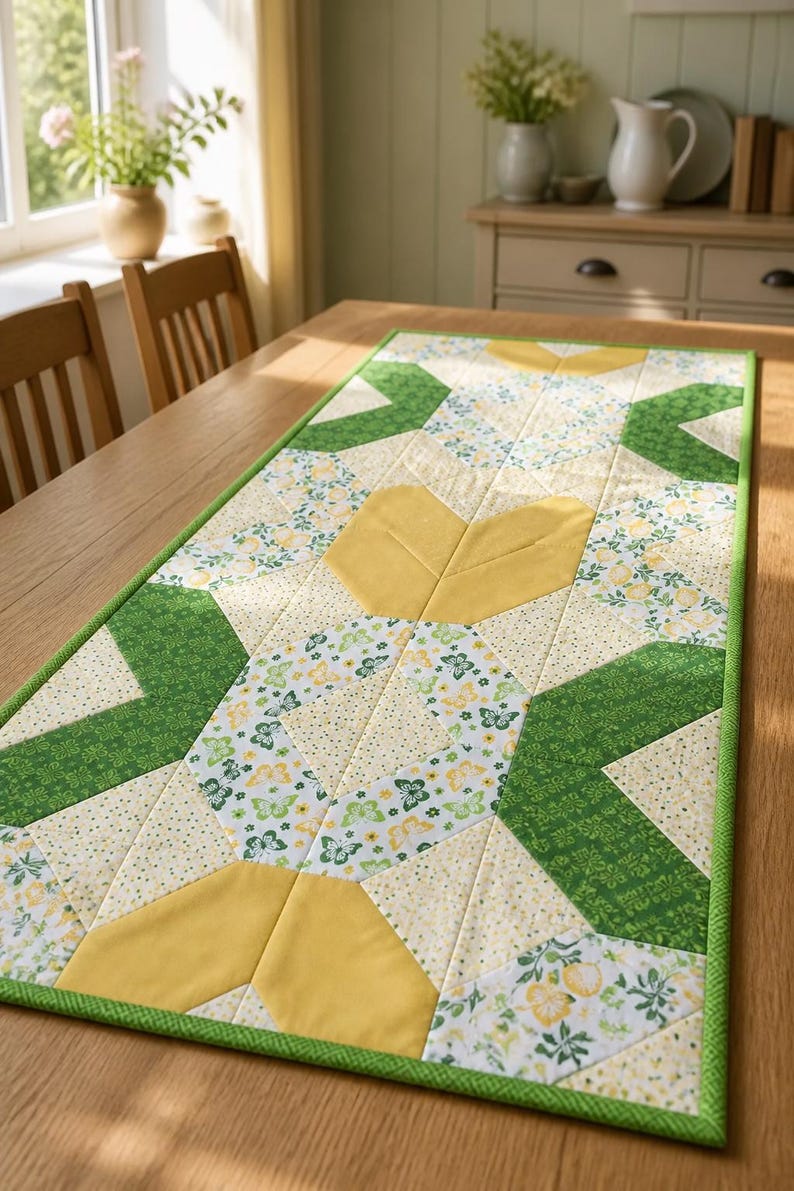 May include: A rectangular quilted table runner featuring a patchwork design of yellow, white, and green fabric. The pattern includes solid yellow leaf-like shapes, green geometric sections, and white fabric printed with small yellow flowers and green butterflies.