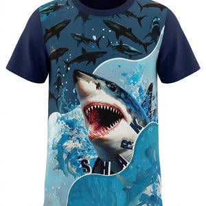 May include: A short-sleeve t-shirt in shades of blue featuring a large, detailed graphic of a shark with its mouth open, surrounded by splashing water. The word SHARK is printed in bold black letters near the shark's head, with smaller shark silhouettes.