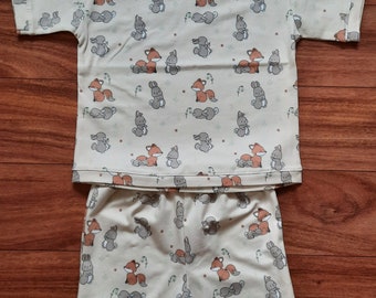 Pyjama enfant, shorty, manches courtes, jersey, en 2 tailles, motif renard et lapin