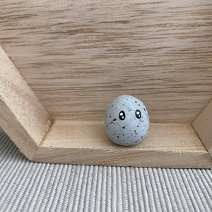 May include: A small, gray, speckled egg with black eyes painted on it. The egg is sitting in a wooden box.