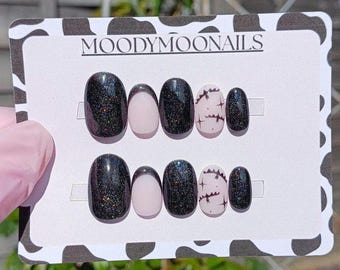Handpainted Halloween Press On Nails: Black Glitter Gel Nails With Bats