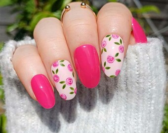 Handpainted Pink Rose Press On Nails: Gel False Nails With Flowers