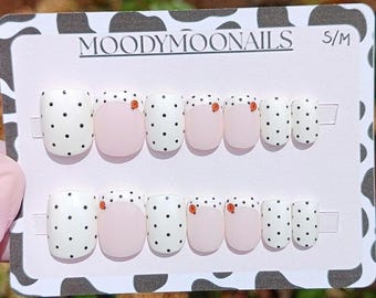 Handpainted Gel Press On Nails Size S/M: Ready To Ship Nails, Spring Polka Dot Nails, Ladybird Nails