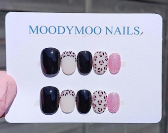 Hand Painted Leopard Print Press On Nails: Black Gel False Nails