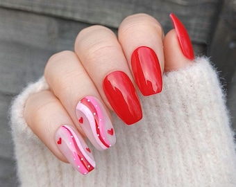 Handpainted Red Gel Press On Nails: Valentine's Heart Swirls