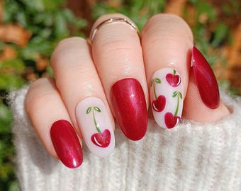 Handpainted Cherry Press On Nails: Red Gel Fake Nails