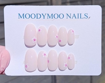 Hand-Painted Cherry Blossom Press On Nails: Pink Gel False Nails