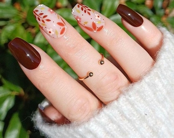 Handpainted Flower Press On Nails: Gel Autumn False Nails