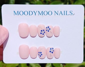 Hand Painted Press On Nails : Pink hibiscus flower gel nails, Made in uk