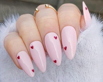 Handpainted Valentines Heart Press On Nails: Pink Gel False Nails
