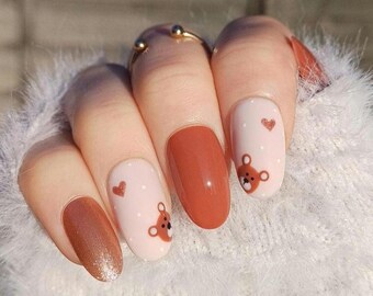 Handpainted Press On Nails: Brown Bear Valentines Day Gel Nails