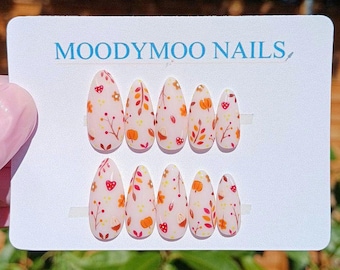 Handpainted Gel Press On Nails: Autumn Fall Halloween Design