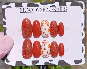 Handpainted Autumn Gel Press On Nails: Brown Glitter Leaves False Nails