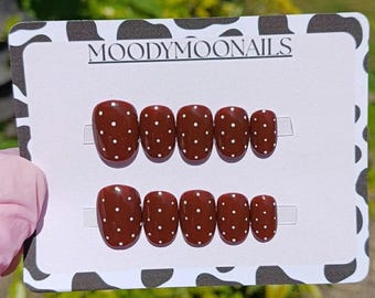 Handpainted Press On Nails: Brown Polka Dot Gel Nails