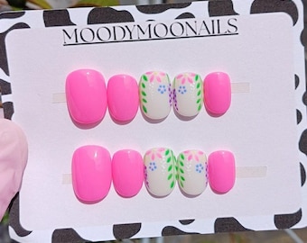 Handpainted Gel Press On Nails: Pink Floral Summer False Nails