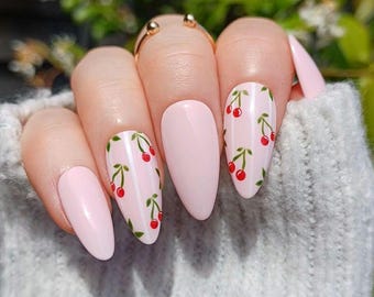 Handpainted Press On Nails: Pink Cherry Gel Nails