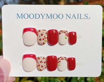 Handpainted Press On Nails: Leopard Cherry Gel Nails