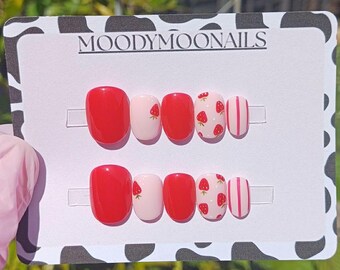 Handpainted Press On Nails: Red Strawberry Gel False Nails