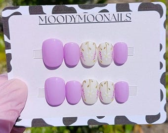 Handpainted Flower Press On Nails: Spring Purple Gel False Nails With Bees