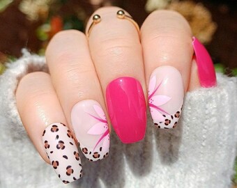 Handpainted Press On Nails: Leopard Flower Gel Nails