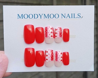 Hand-Painted Red Heart Press On Nails: Valentine's Day Gel False Nails