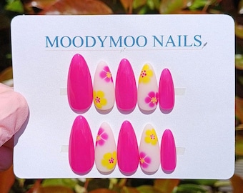 Hand-Painted Flower Press On Nails: Pink Summer Gel False Nails