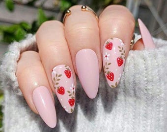 Handpainted Gel Press On Nails: Pink Strawberry False Nails