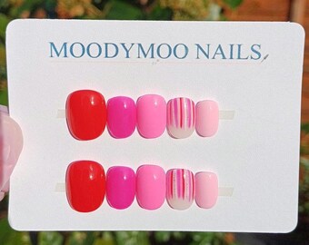 Handpainted Valentines Press On Nails: Pink Abstract Stripe Gel Nails