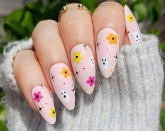 Handpainted Halloween Press On Nails: Flower and Ghost Pink Gel False Nails