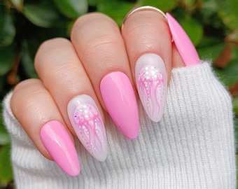 Handpainted Jellyfish Press On Nails: Pink Gel False Nails