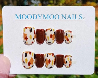 Hand Painted Press On Nails: Brown Cow Print Gel False Nails
