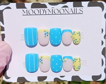 Handpainted Gel Press On Nails: Lemon and Blueberry Spring False Nails