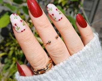 Handpainted Cherry Press On Nails: Red Cat Eye Glitter Nails