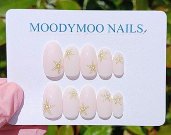 Handpainted Starfish Press On Nails: Summer Gel False Nails