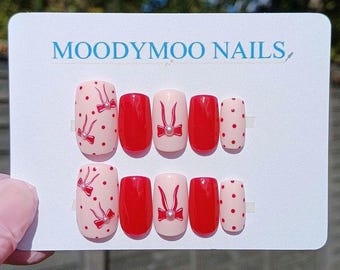 Hand-Painted Red Bow Gel Press On Nails