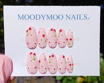 Handpainted Cherry Heart Press On Nails: Pink Gel False Nails, Valentines nails