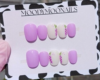 Handpainted Gel Press On Nails: Purple Lavender False Nails
