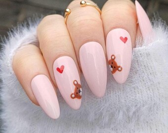 Handpainted Valentines Press On Nails: Pink Bear Gel Nails