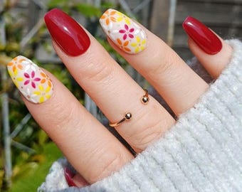 Handpainted Press On Nails: Red Flower Gel False Nails