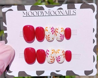 Handpainted Gel Press On Nails: Autumn Nails With Gold Leaf