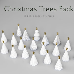 以下が含まれることがあります： 金色の星型の飾りで飾られた白いクリスマスツリーのモデル20個のセット。木々は灰色の背景に円形に配置されています。木々の上に「Christmas Trees Pack」と「20 PCS. MODEL - STL FILES」の文字が表示されています。